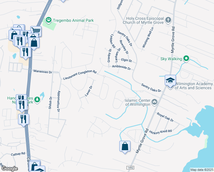 map of restaurants, bars, coffee shops, grocery stores, and more near 6175 Meadowgrove Loop in Wilmington