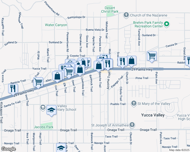 map of restaurants, bars, coffee shops, grocery stores, and more near 56021 Santa Fe Trail in Yucca Valley
