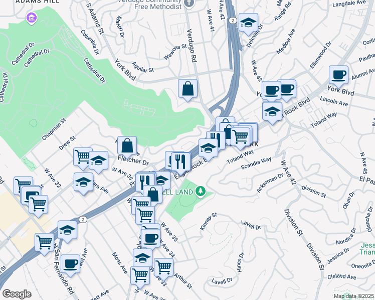 map of restaurants, bars, coffee shops, grocery stores, and more near 6865 Fletcher Drive in Los Angeles
