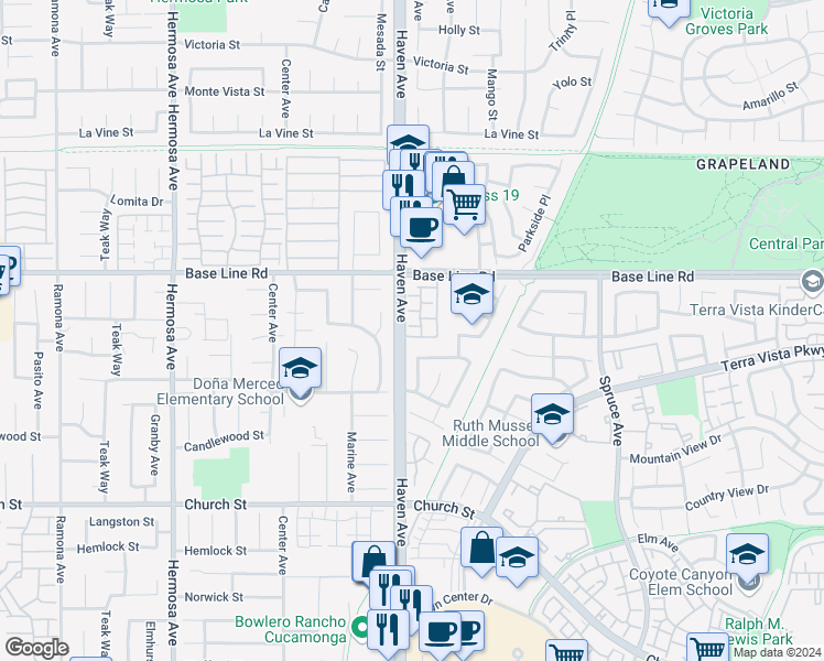 map of restaurants, bars, coffee shops, grocery stores, and more near 7386 Greenhaven Avenue in Rancho Cucamonga