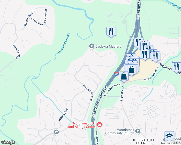 map of restaurants, bars, coffee shops, grocery stores, and more near 608 Ridge Crossing Drive in Woodstock