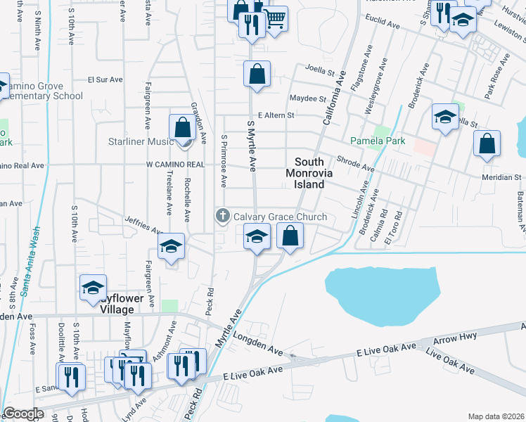 map of restaurants, bars, coffee shops, grocery stores, and more near 208 Brisbane Street in Monrovia