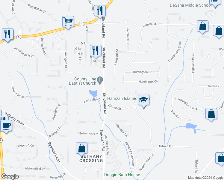 map of restaurants, bars, coffee shops, grocery stores, and more near 201 Fernwood Court in Alpharetta