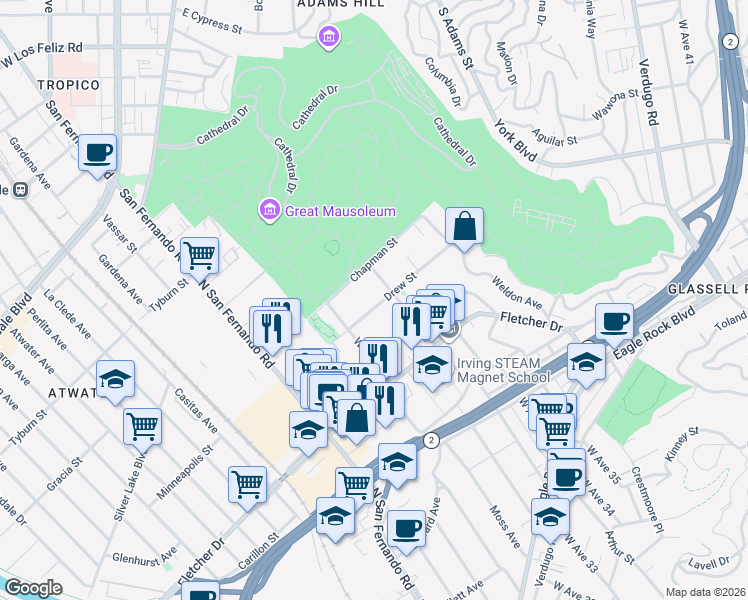 map of restaurants, bars, coffee shops, grocery stores, and more near 3245 Drew Street in Los Angeles