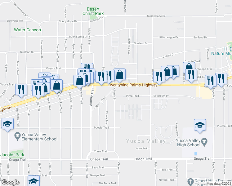 map of restaurants, bars, coffee shops, grocery stores, and more near 7355 Church Street in Yucca Valley