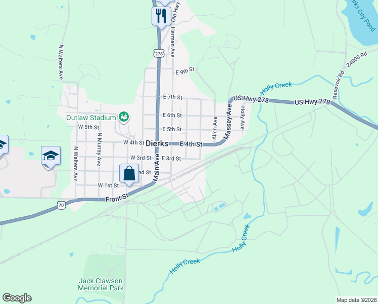 map of restaurants, bars, coffee shops, grocery stores, and more near 302 East 3rd Street in Dierks