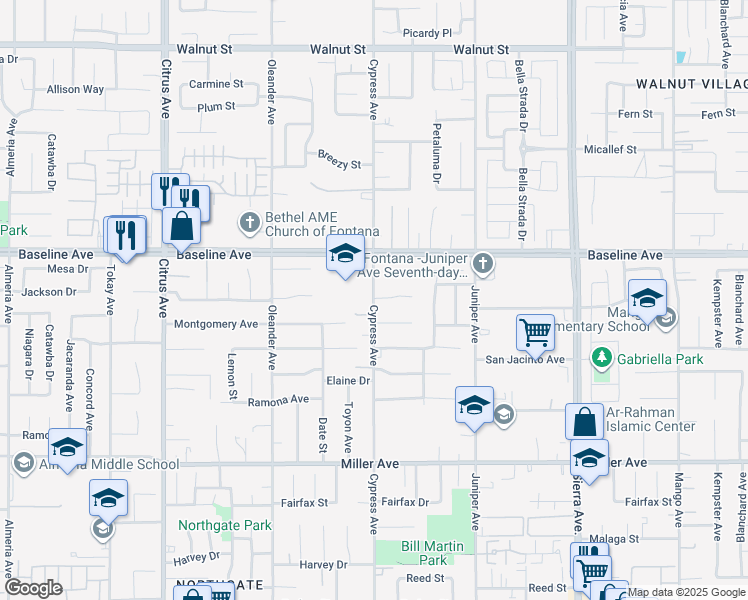 map of restaurants, bars, coffee shops, grocery stores, and more near 7358 Cypress Avenue in Fontana