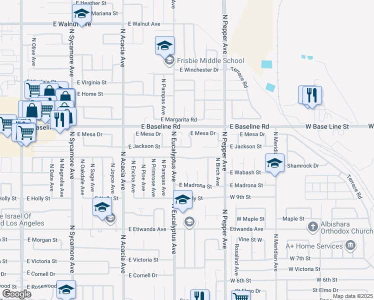 map of restaurants, bars, coffee shops, grocery stores, and more near 743 East Jackson Street in Rialto