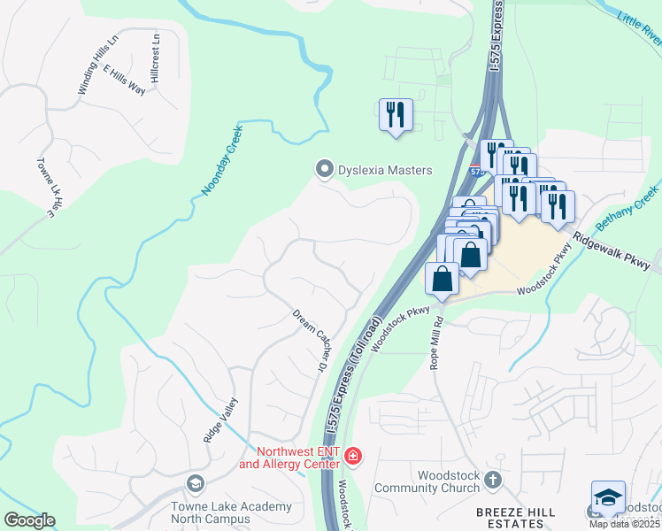 map of restaurants, bars, coffee shops, grocery stores, and more near 607 Ridge Crossing Drive in Woodstock