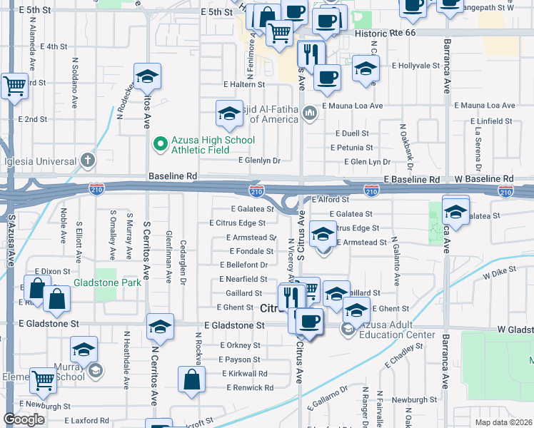 map of restaurants, bars, coffee shops, grocery stores, and more near 18432 East Galatea Street in Azusa