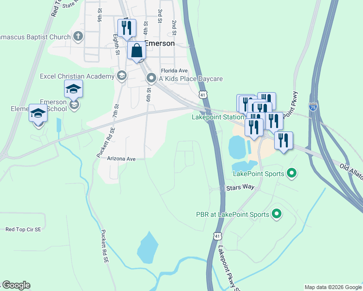 map of restaurants, bars, coffee shops, grocery stores, and more near 101 6th Street in Emerson