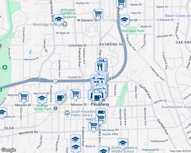 map of restaurants, bars, coffee shops, grocery stores, and more near 500 Mound Avenue in South Pasadena