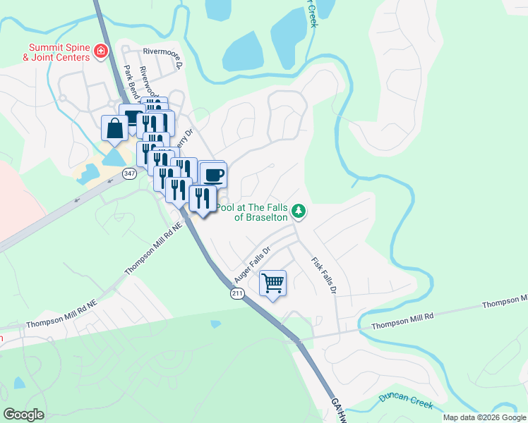map of restaurants, bars, coffee shops, grocery stores, and more near 1813 Madrid Falls Drive in Braselton