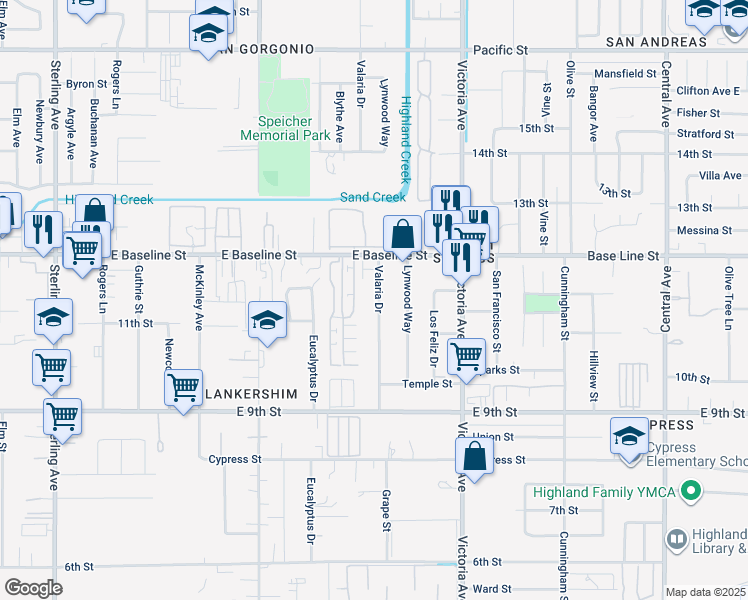 map of restaurants, bars, coffee shops, grocery stores, and more near 7429 Valaria Drive in Highland