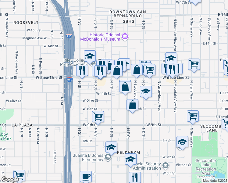 map of restaurants, bars, coffee shops, grocery stores, and more near 1072 Acacia Avenue in San Bernardino