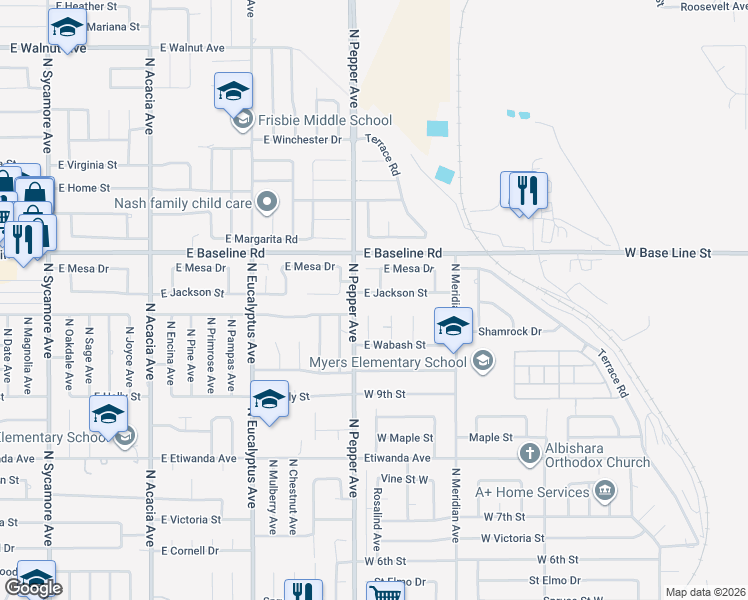 map of restaurants, bars, coffee shops, grocery stores, and more near 1068 Rosalind Avenue in Rialto