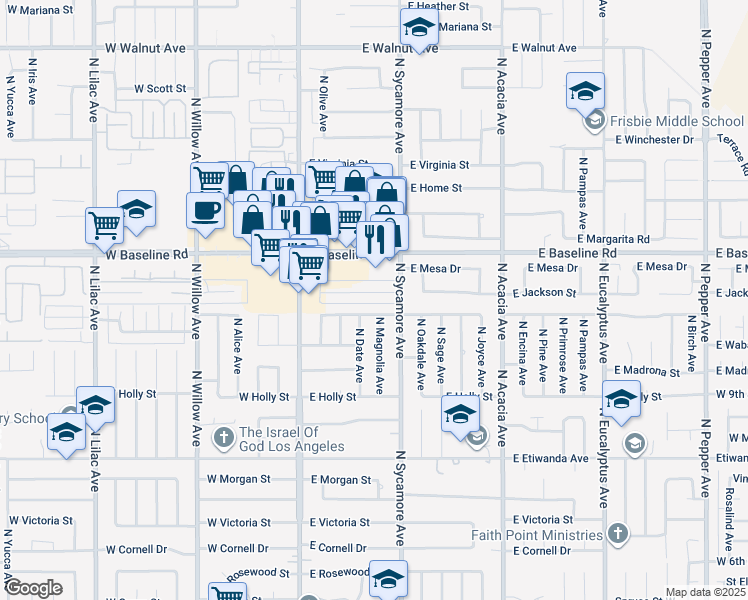 map of restaurants, bars, coffee shops, grocery stores, and more near 1073 North Date Avenue in Rialto