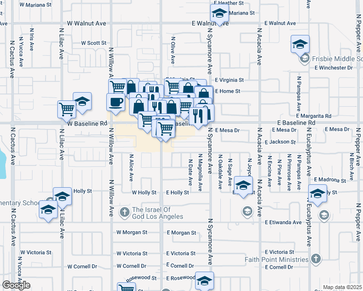 map of restaurants, bars, coffee shops, grocery stores, and more near 1072 North Fremontia Avenue in Rialto