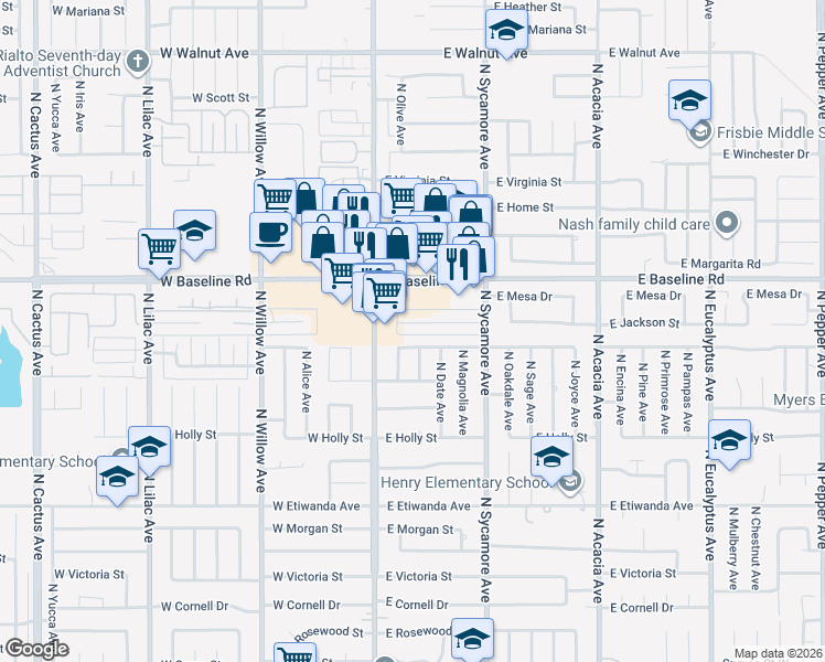 map of restaurants, bars, coffee shops, grocery stores, and more near 1072 North Fremontia Avenue in Rialto