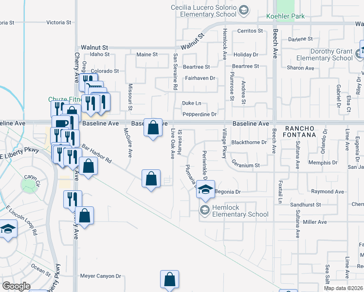 map of restaurants, bars, coffee shops, grocery stores, and more near 7411 Plumaria Drive in Fontana