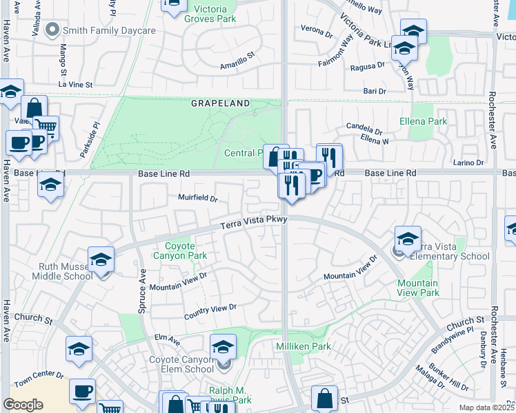 map of restaurants, bars, coffee shops, grocery stores, and more near 11285 Terra Vista Parkway in Rancho Cucamonga