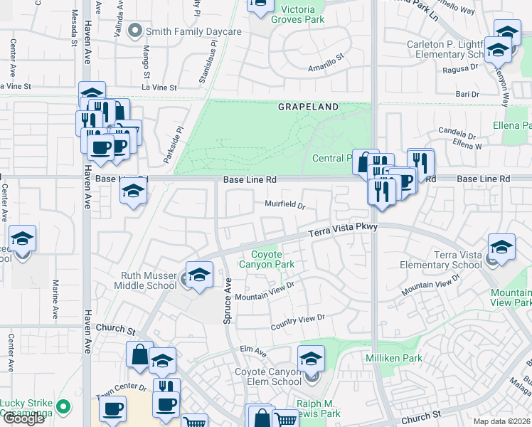map of restaurants, bars, coffee shops, grocery stores, and more near 11008 Franklin Dr in Rancho Cucamonga
