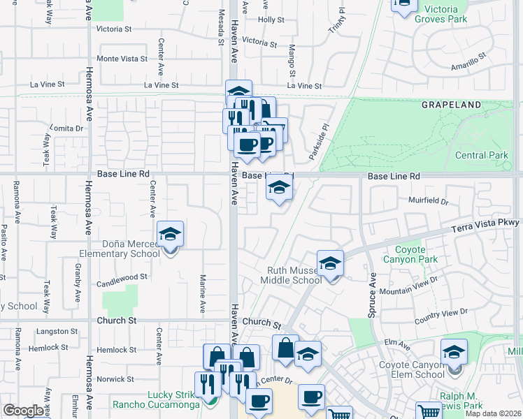 map of restaurants, bars, coffee shops, grocery stores, and more near 10558 Sunburst Drive in Rancho Cucamonga