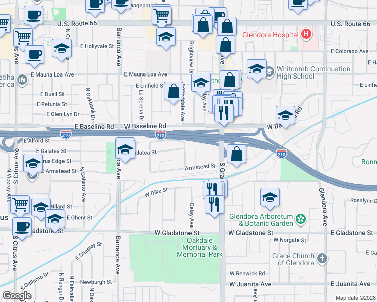 map of restaurants, bars, coffee shops, grocery stores, and more near 1073 Forestdale Avenue in Glendora