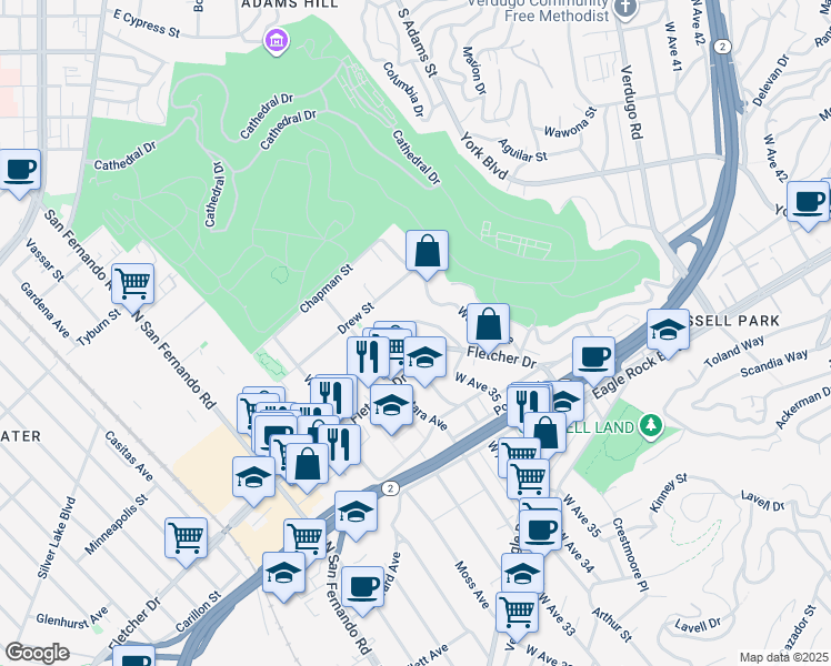 map of restaurants, bars, coffee shops, grocery stores, and more near 3405 1/2 Fletcher Drive in Los Angeles