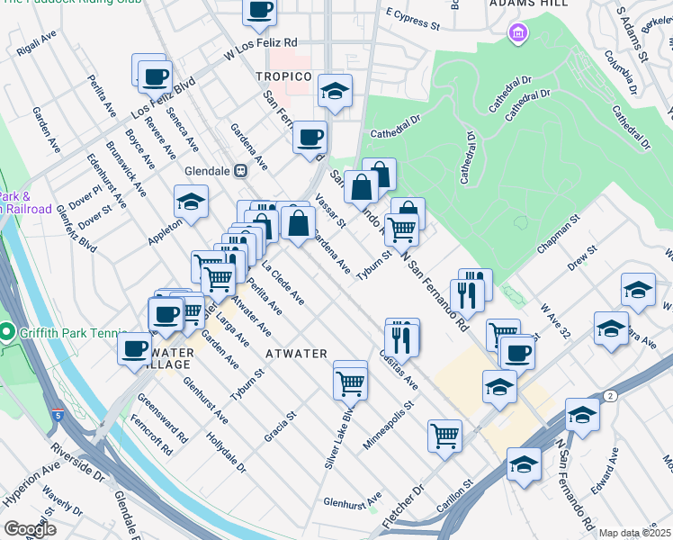 map of restaurants, bars, coffee shops, grocery stores, and more near 1945 Gardena Avenue in Glendale