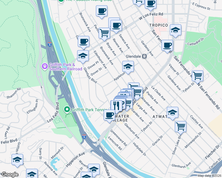 map of restaurants, bars, coffee shops, grocery stores, and more near 3755 Glenfeliz Boulevard in Los Angeles