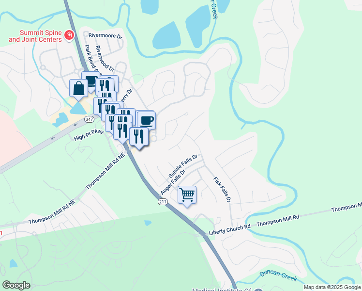 map of restaurants, bars, coffee shops, grocery stores, and more near 1813 Madrid Falls Drive in Braselton