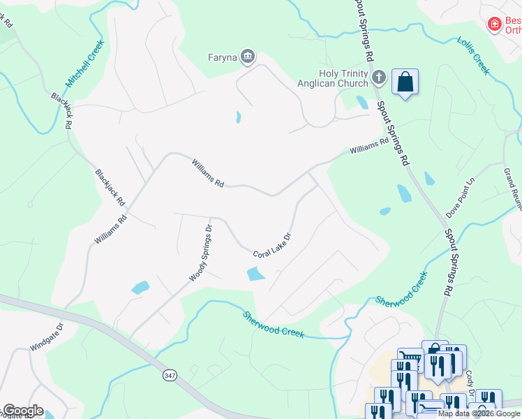 map of restaurants, bars, coffee shops, grocery stores, and more near 7239 Williams Road in Flowery Branch