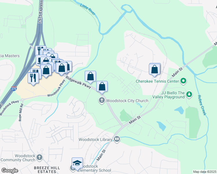 map of restaurants, bars, coffee shops, grocery stores, and more near 285 Ridgewalk Parkway in Woodstock