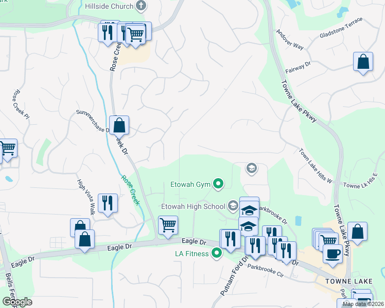 map of restaurants, bars, coffee shops, grocery stores, and more near 361 Ironhill Trce in Woodstock