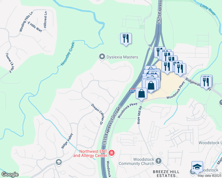 map of restaurants, bars, coffee shops, grocery stores, and more near 619 Ridge Crossing Drive in Woodstock
