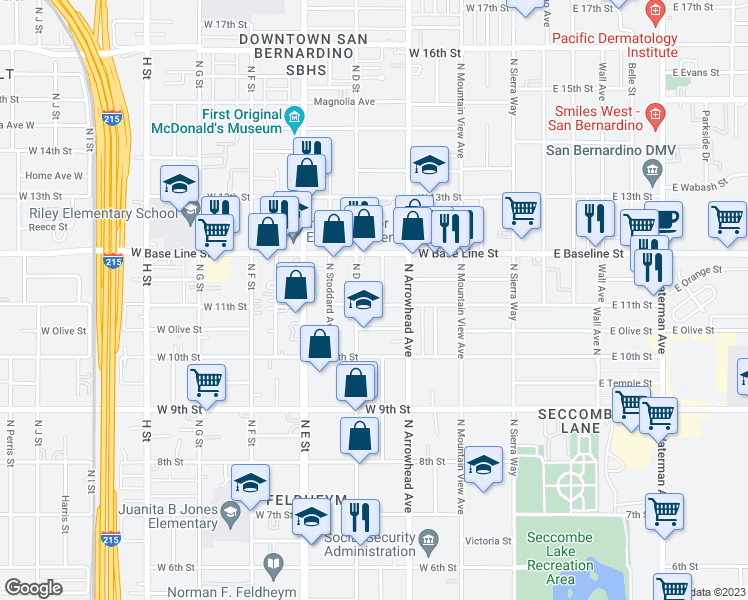 map of restaurants, bars, coffee shops, grocery stores, and more near 364 West 11th Street in San Bernardino