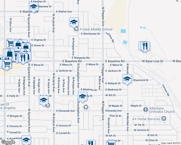 map of restaurants, bars, coffee shops, grocery stores, and more near 771 East Shamrock Street in Rialto