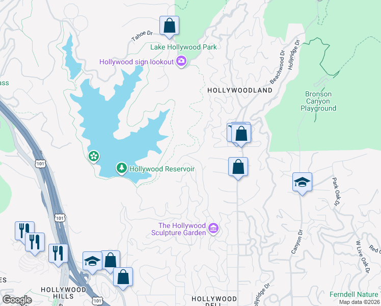 map of restaurants, bars, coffee shops, grocery stores, and more near 2801 Durand Drive in Los Angeles