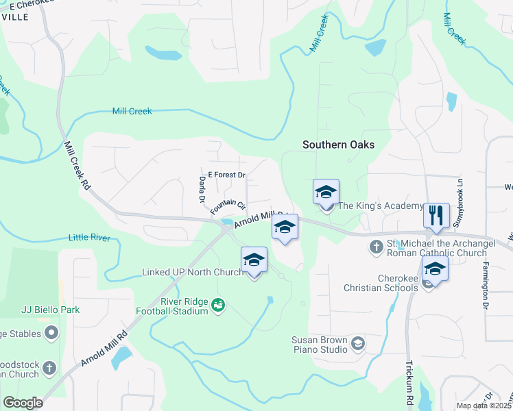 map of restaurants, bars, coffee shops, grocery stores, and more near 803 Saye Road in Woodstock