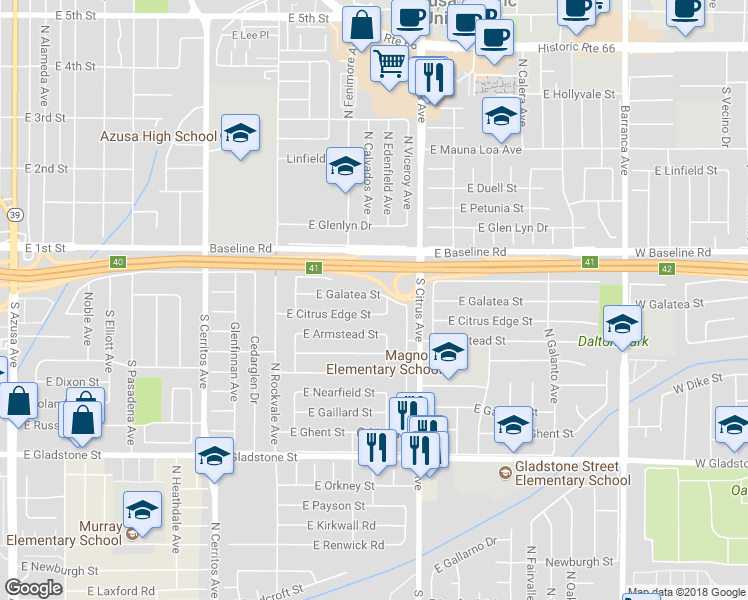 map of restaurants, bars, coffee shops, grocery stores, and more near 18432 East Galatea Street in Azusa
