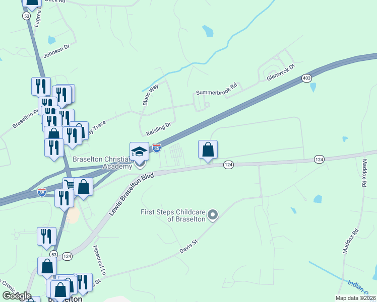 map of restaurants, bars, coffee shops, grocery stores, and more near 11852 Lewis Braselton Boulevard in Braselton