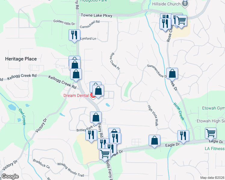 map of restaurants, bars, coffee shops, grocery stores, and more near 341 Mirramont Court in Woodstock