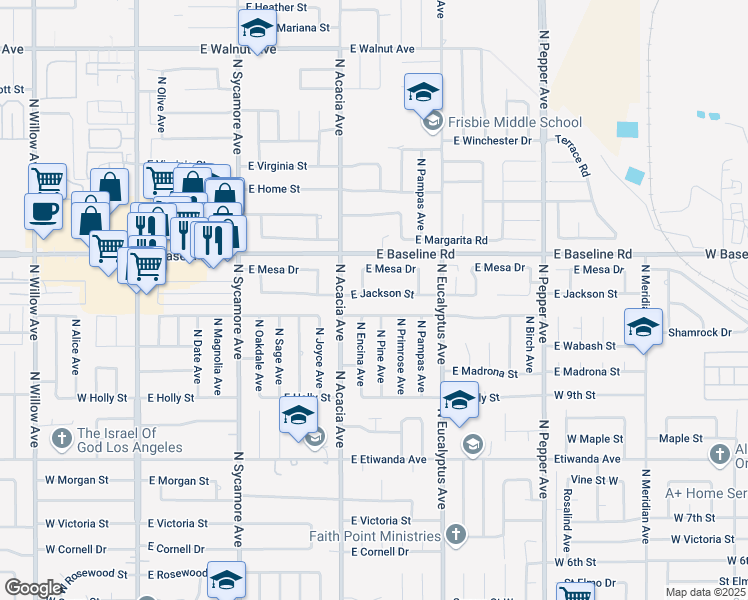 map of restaurants, bars, coffee shops, grocery stores, and more near 1076 North Pine Avenue in Rialto