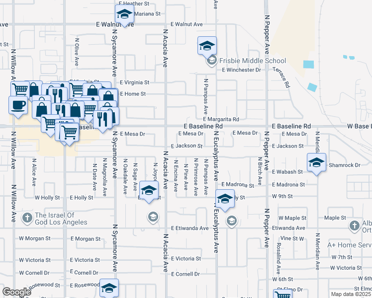 map of restaurants, bars, coffee shops, grocery stores, and more near 575 East Jackson Street in Rialto