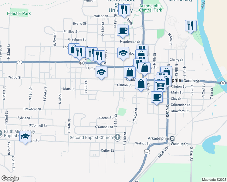 map of restaurants, bars, coffee shops, grocery stores, and more near 1200 Main Street in Arkadelphia