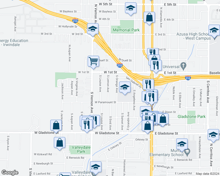 map of restaurants, bars, coffee shops, grocery stores, and more near 200 South Lemon Avenue in Azusa