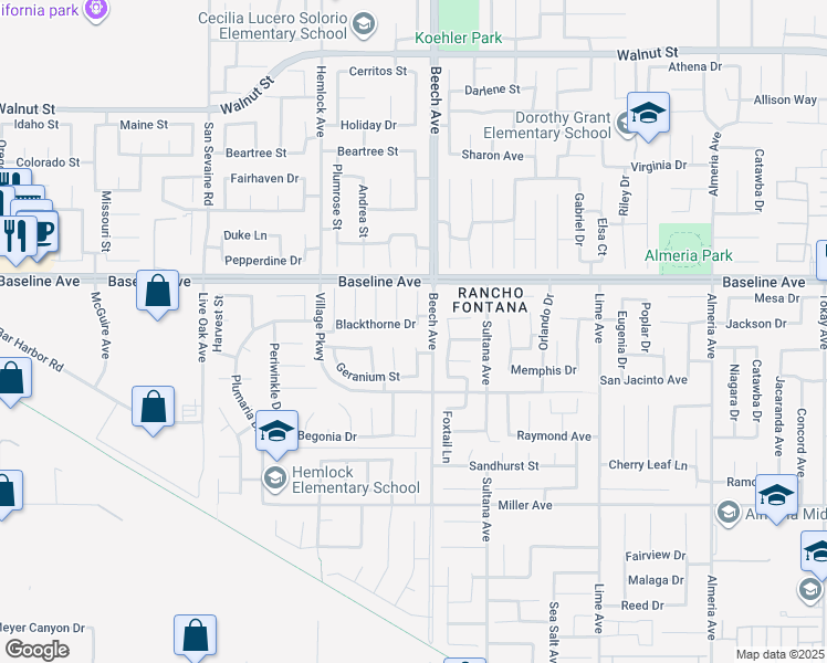 map of restaurants, bars, coffee shops, grocery stores, and more near 15271 Blackthorne Drive in Fontana