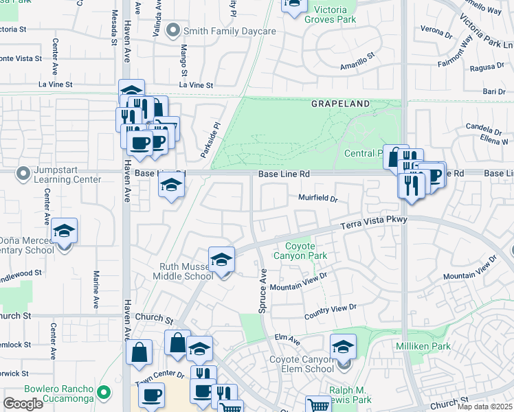 map of restaurants, bars, coffee shops, grocery stores, and more near 7368 Greenbriar Place in Rancho Cucamonga
