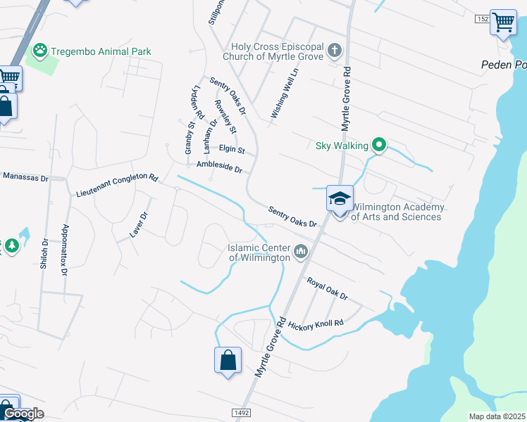 map of restaurants, bars, coffee shops, grocery stores, and more near 6420 Sentry Oaks Drive in Wilmington